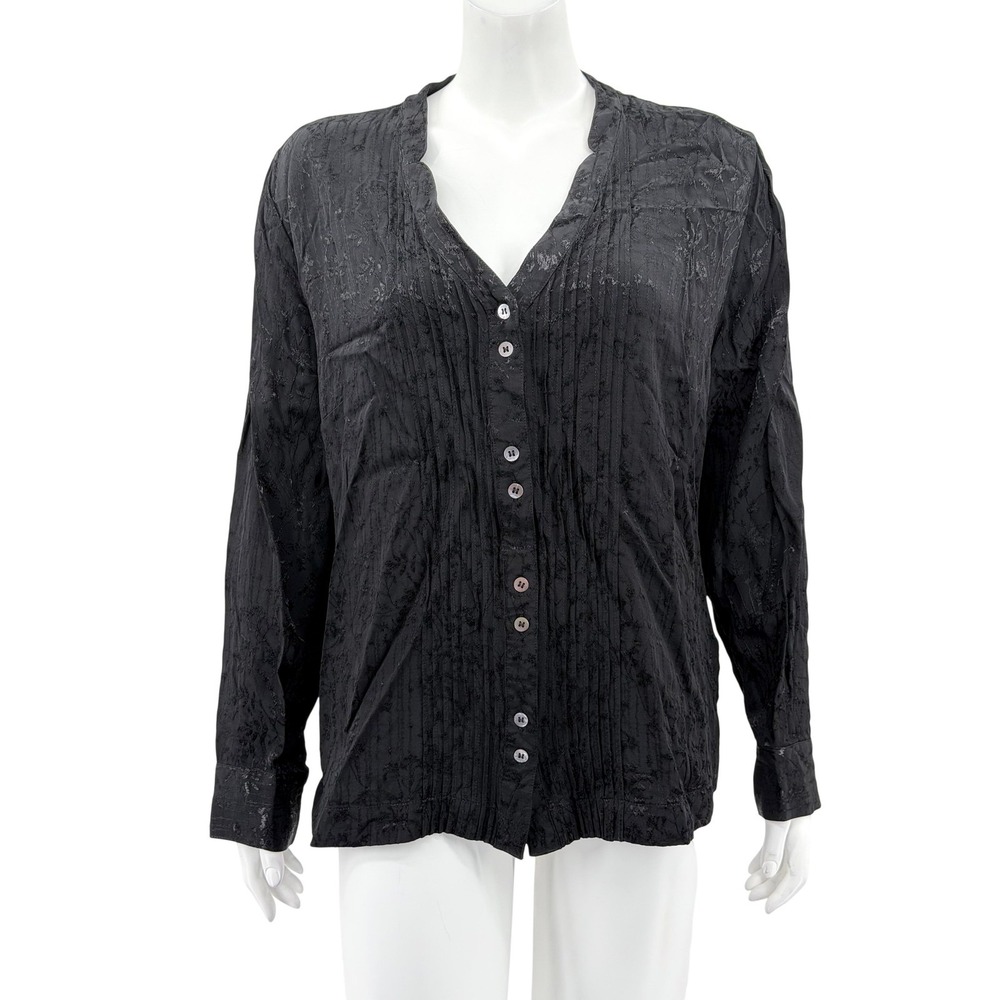 Soft Surroundings Top Womens 1X Black Floral Button Up Pleated Office V-Neck